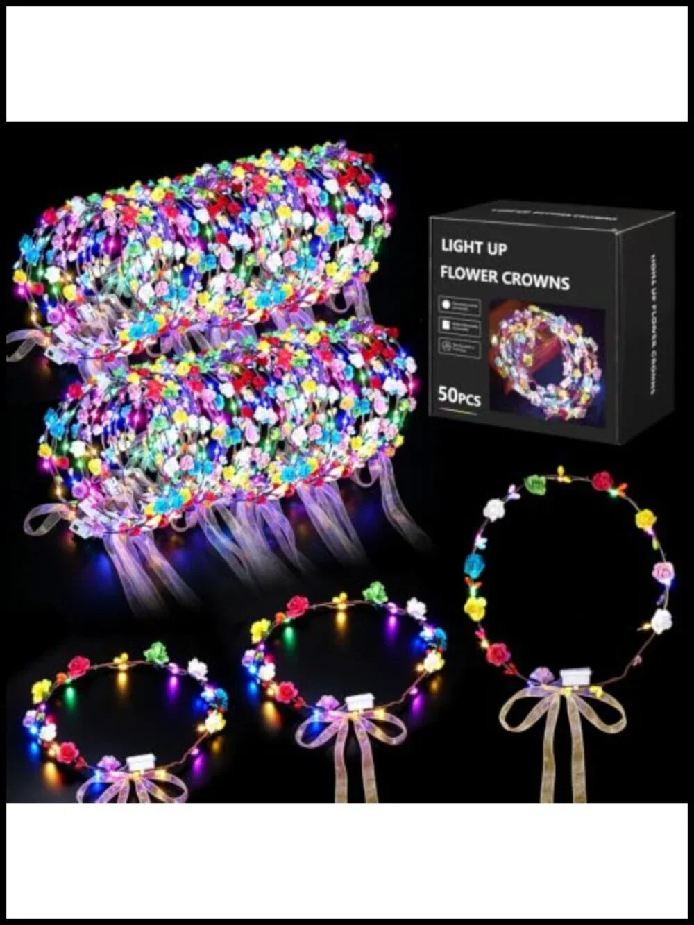 50 LED Flower Crowns Headbands Glow in Dark Party Favors Ribbons Floral